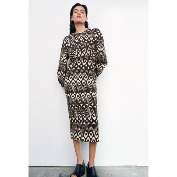 ZARA Cut-Out Printed Dress Long Balloon Sleeve Midi Maxi Dress Geometric Black - Picture 5 of 16